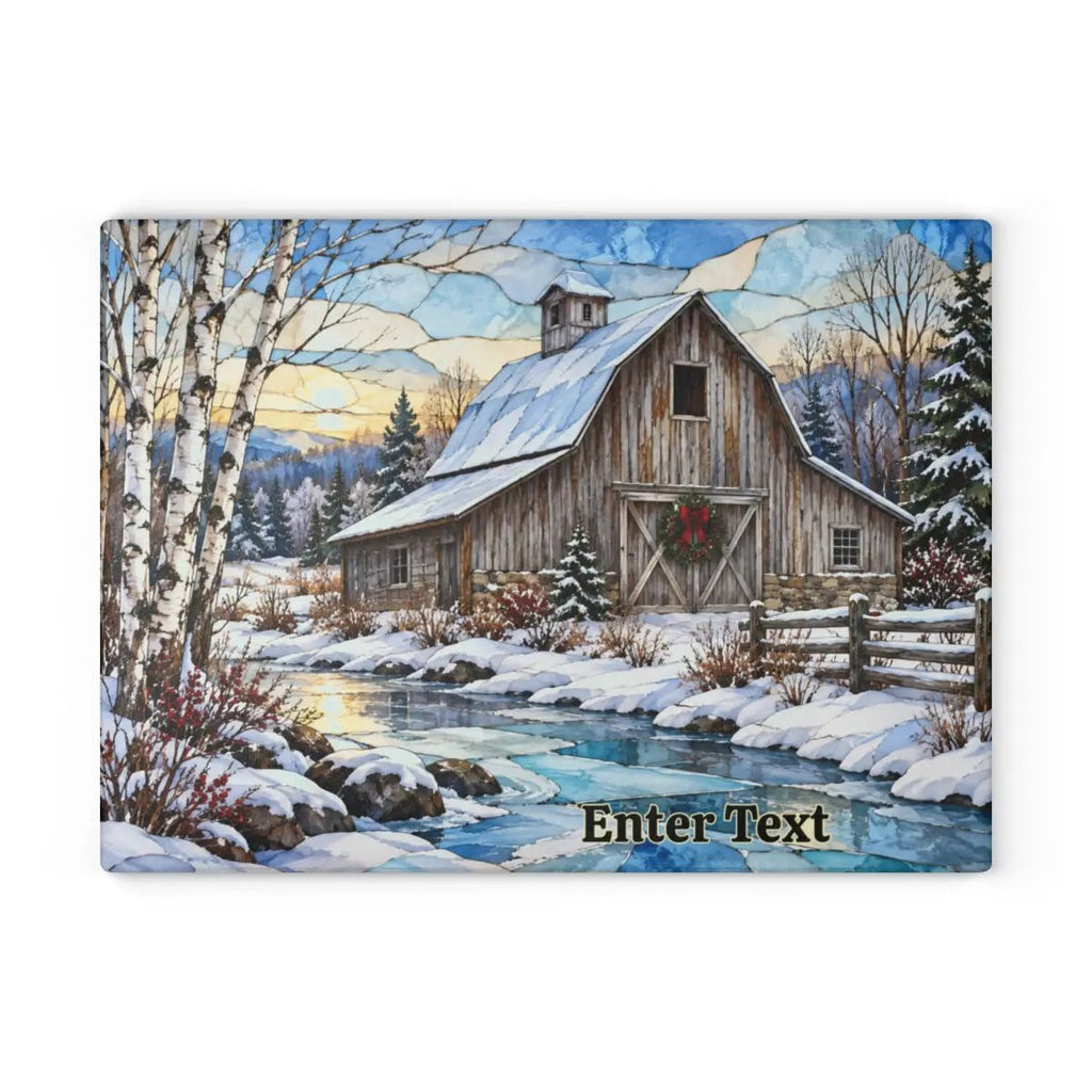 Country Winter Barn Glass Cutting Board, Snowy Farmhouse Kitchen Decor, Rustic Christmas Gift, Winter Barn Kitchen Board