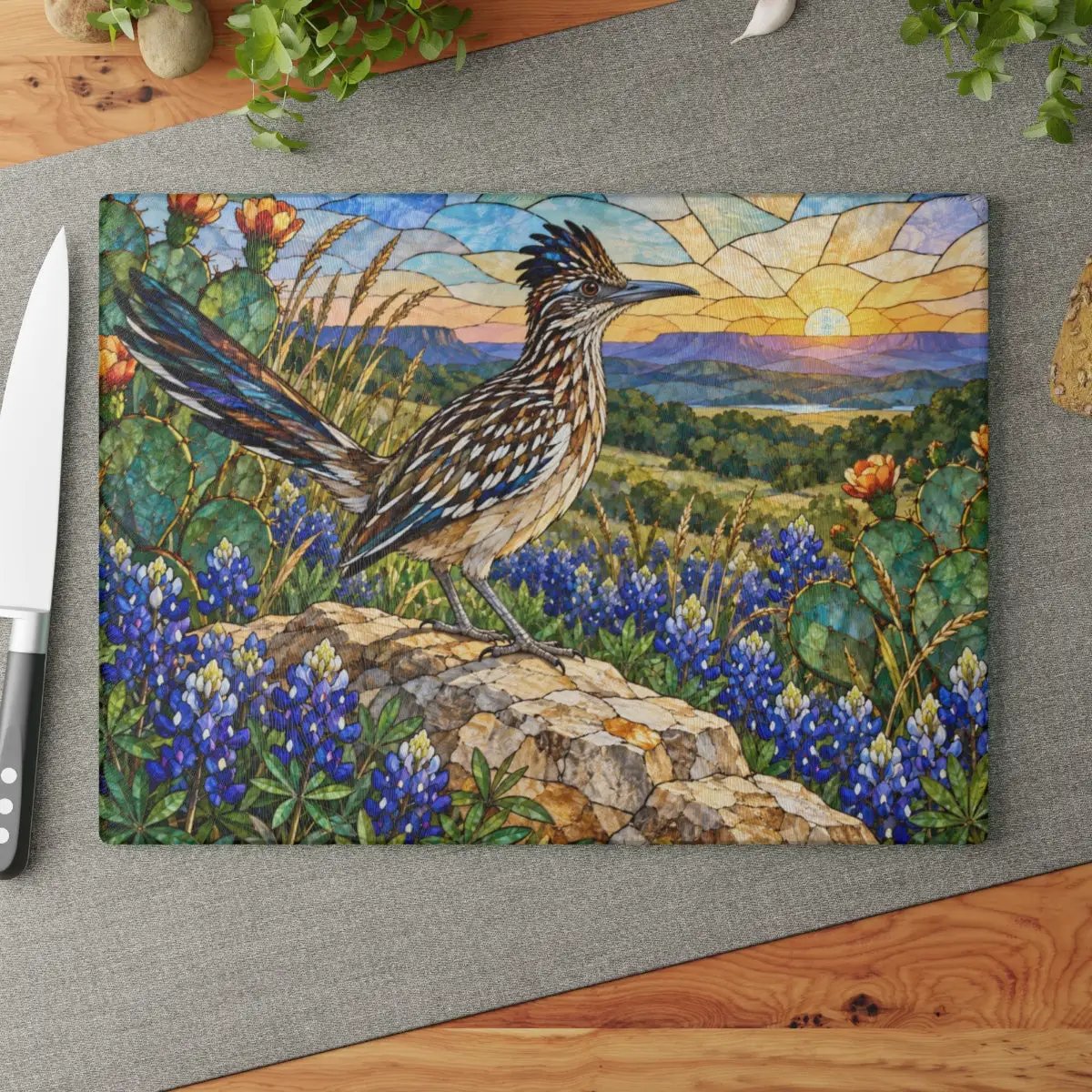 Roadrunner Glass Cutting Board, Southwestern Bird Kitchen Decor, Wildflower Landscape Chopping Board, Nature Lover Gift, Birdwatcher Gift