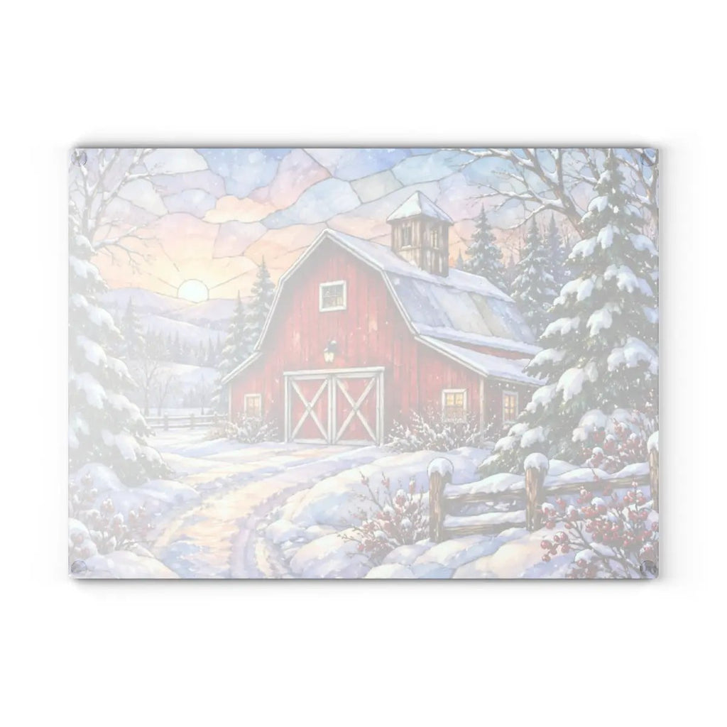 Personalized Winter Barn Cutting Board, Country Farmhouse Kitchen Decor, Stained Glass Farm Scene, Rustic Christmas Gift, Custom Family Gift