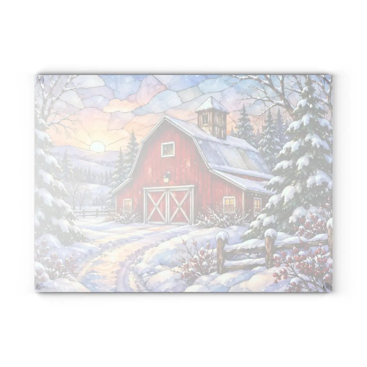 Personalized Winter Barn Cutting Board, Country Farmhouse Kitchen Decor, Stained Glass Farm Scene, Rustic Christmas Gift, Custom Family Gift