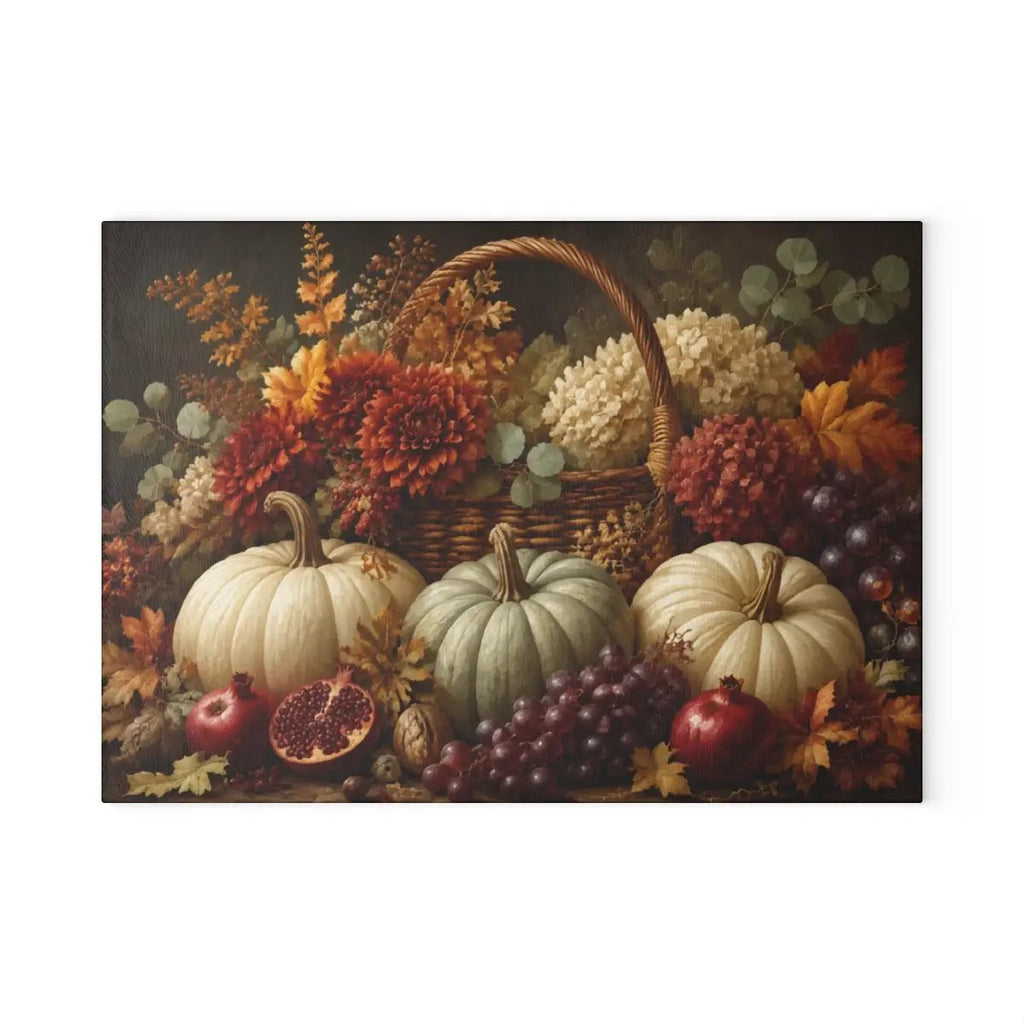 White Pumpkin Glass Cutting Board, Elegant Fall Kitchen Decor, Autumn Floral Cutting Board, Thanksgiving Hostess Gift