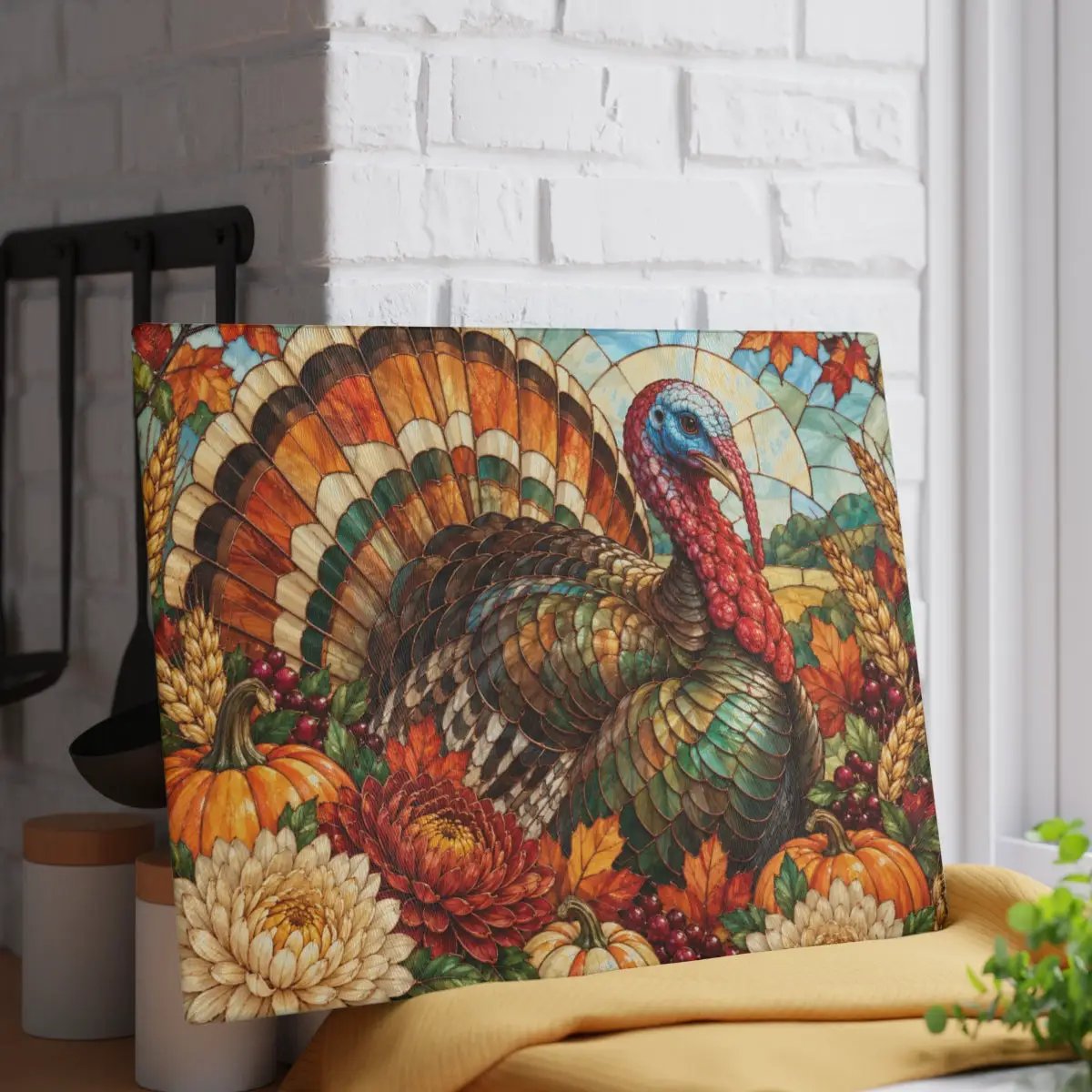 Thanksgiving Turkey Glass Cutting Board, Stained Glass Turkey Kitchen Decor, Fall Floral Harvest Cutting Board, Autumn Gift