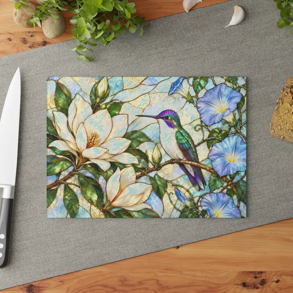 Hummingbird Cutting Board, Stained Glass Bird Decor, Magnolia Flower Kitchen Decor, Morning Glory Gift, Nature Lover Gift