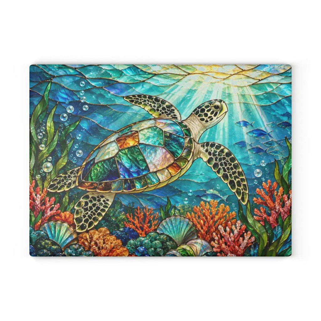 Sea Turtle Glass Cutting Board, Ocean Kitchen Decor, Marine Life Serving Board, Coastal Home Gift, Underwater Art Kitchen Accessory