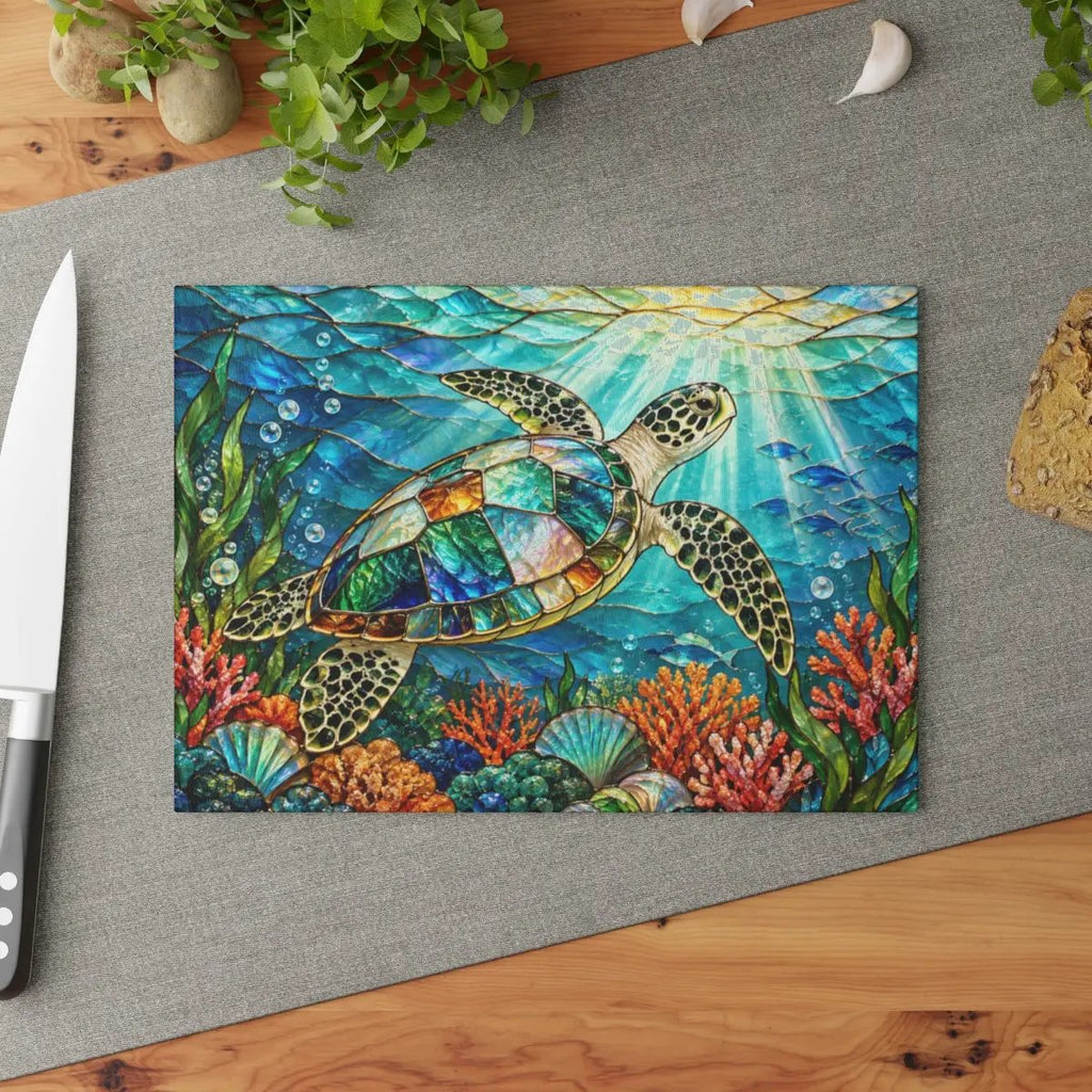 Sea Turtle Glass Cutting Board, Ocean Kitchen Decor, Marine Life Serving Board, Coastal Home Gift, Underwater Art Kitchen Accessory