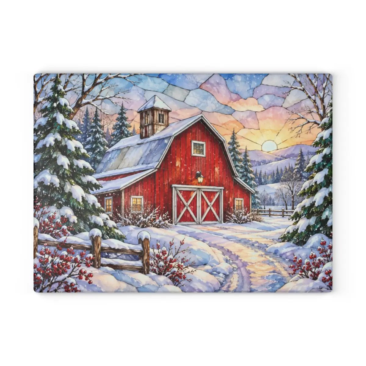 Personalized Winter Barn Cutting Board, Country Farmhouse Kitchen Decor, Stained Glass Farm Scene, Rustic Christmas Gift, Custom Family Gift