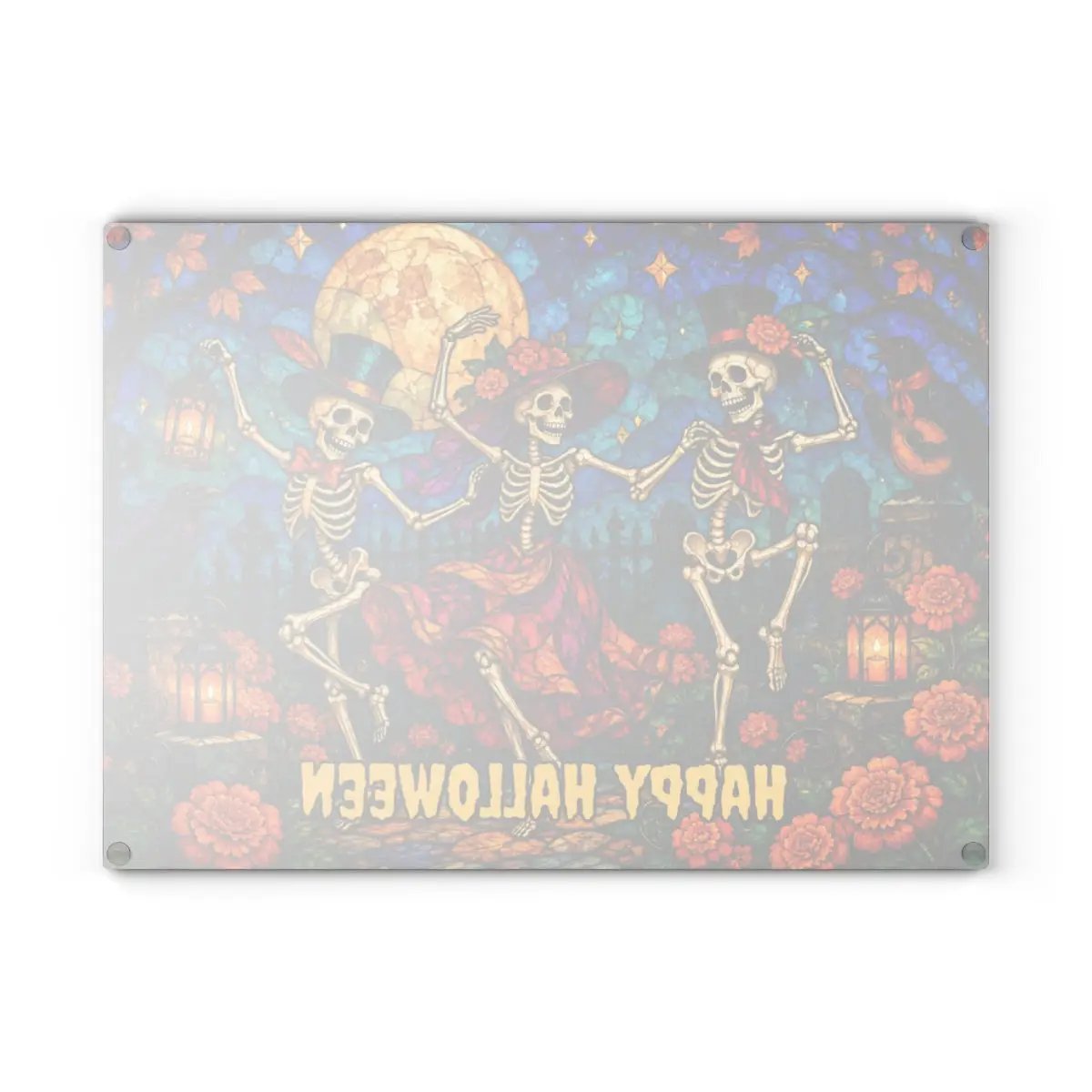 Halloween Dancing Skeletons Personalized Glass Cutting Board, Spooky Pumpkin Kitchen Decor