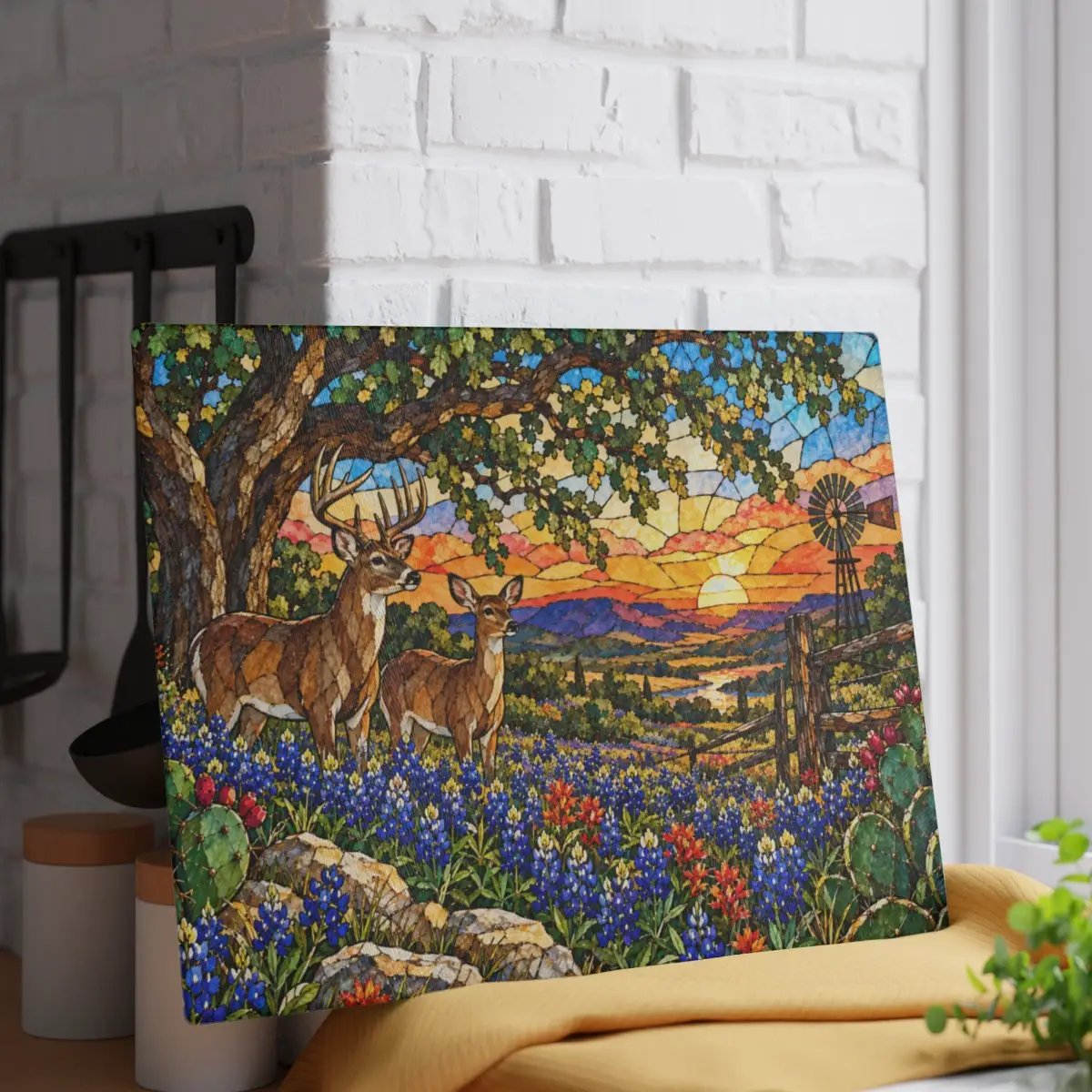 White Tailed Deer Glass Cutting Board, Texas Bluebonnet Kitchen Decor, Whitetail Buck Gift, Western Wildlife Art, Ranch House Decor