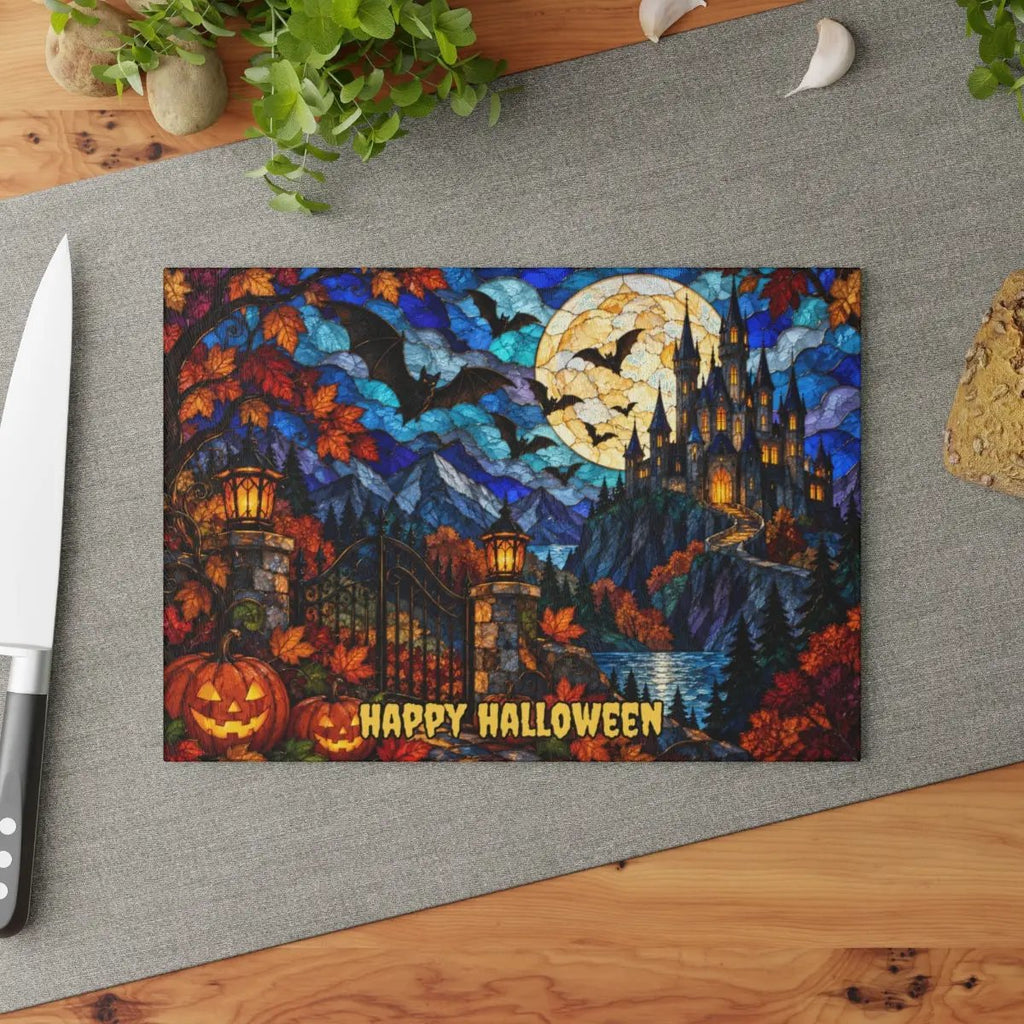 Halloween Castle Personalized Glass Cutting Board, Gothic Haunted House Kitchen Decor