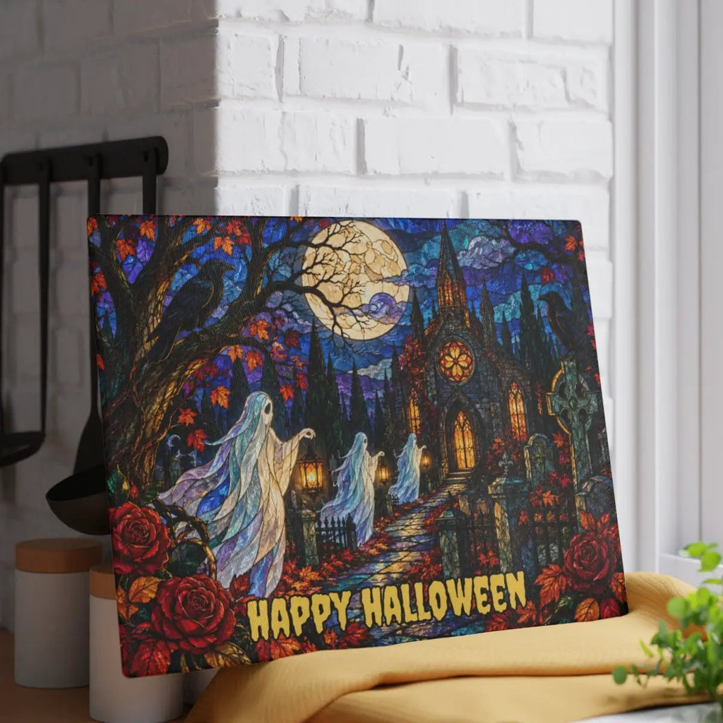 Halloween Ghost Personalized Glass Cutting Board, Haunted Graveyard Kitchen Decor