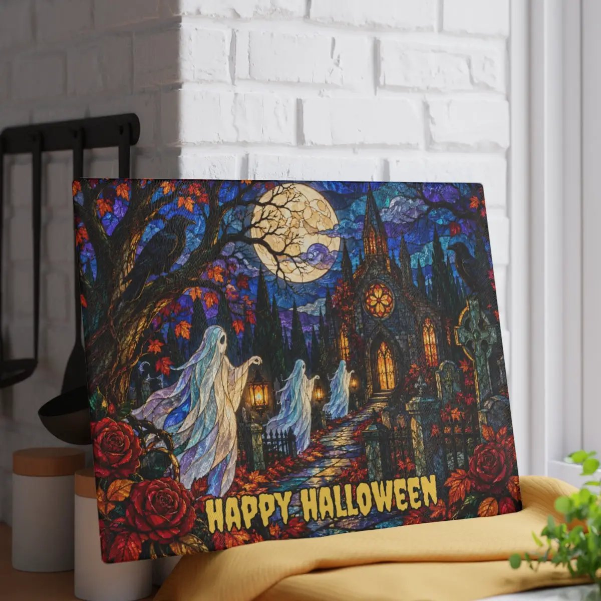Halloween Ghost Personalized Glass Cutting Board, Haunted Graveyard Kitchen Decor
