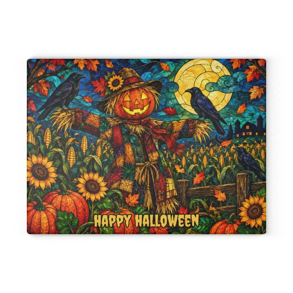 Halloween Scarecrow Personalized Glass Cutting Board, Spooky Pumpkin Kitchen Decor