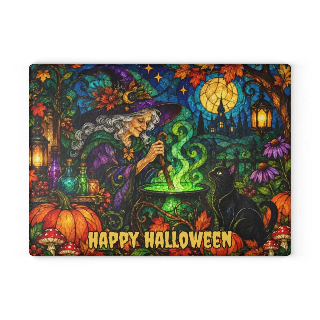 Halloween Witch Cauldron Personalized Glass Cutting Board, Spooky Black Cat Kitchen Decor