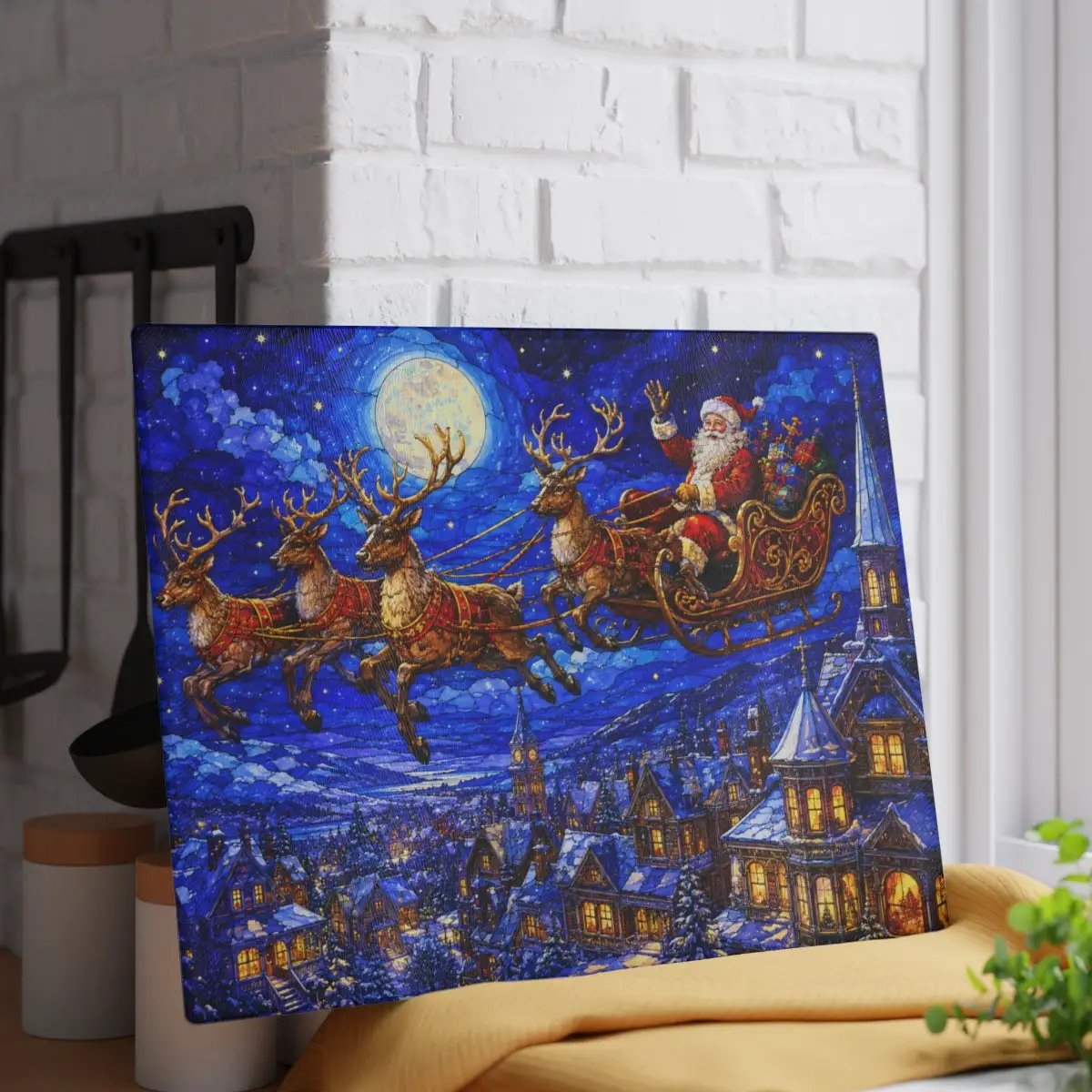 Santa Sleigh Glass Cutting Board, Reindeer Christmas Kitchen Decor, Christmas Eve Serving Board, Stained Glass Santa Gift, Holiday Decor