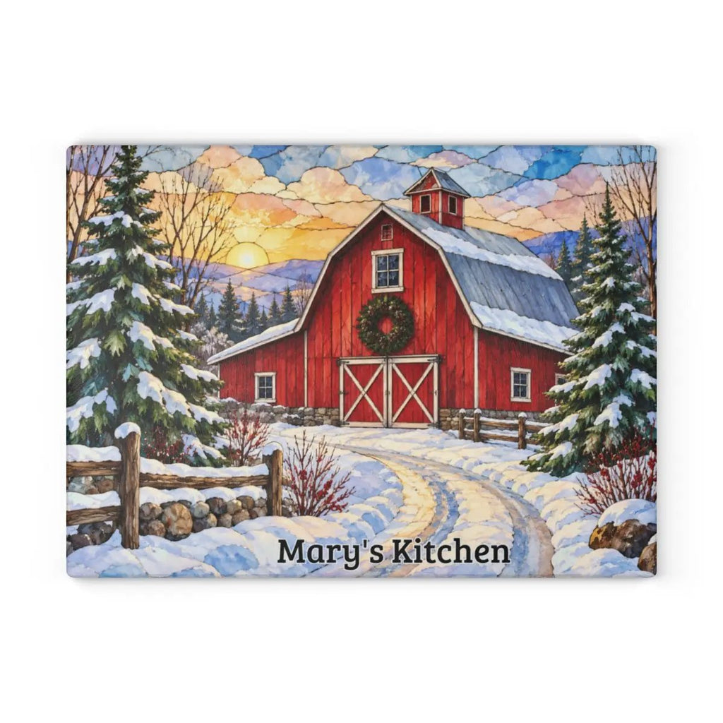 Winter Red Barn Glass Cutting Board, Snowy Country Road Farmhouse Kitchen Decor, Rustic Christmas Barn Gift