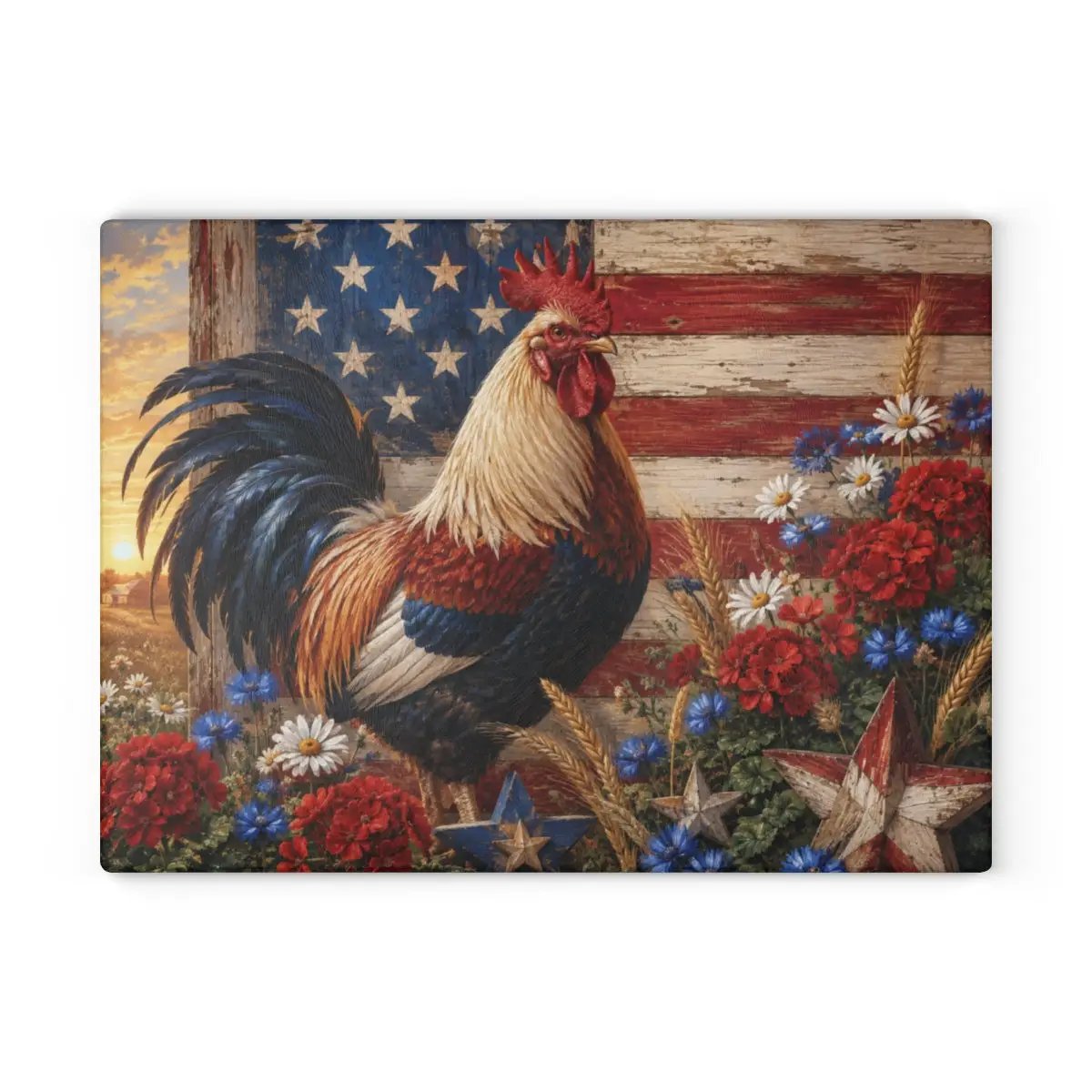 Patriotic Rooster Cutting Board, American Flag Glass Cutting Board, Farmhouse Kitchen Decor, Americana Rooster Gift, Country Kitchen