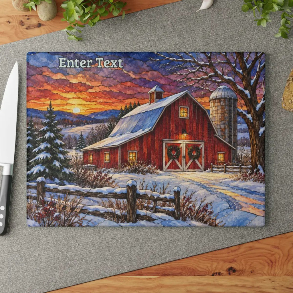 Winter Red Barn Glass Cutting Board, Country Christmas Kitchen Decor, Farmhouse Cutting Board, Rustic Winter Barn Gift