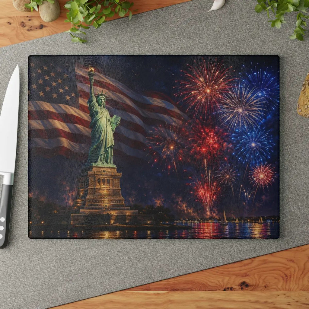 Statue of Liberty Cutting Board, American Flag Glass Cutting Board, 4th of July Kitchen Decor, Patriotic Gift, Americana Decor