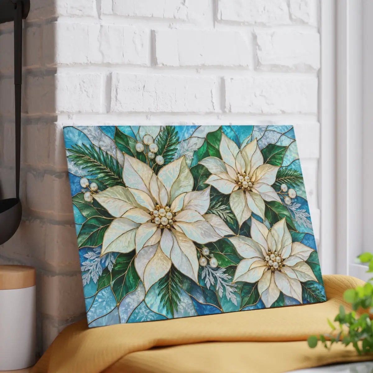Winter Poinsettia Glass Cutting Board, Holiday Kitchen Decor, Floral Serving Board, Christmas Hostess Gift, Seasonal Home Accent Gift