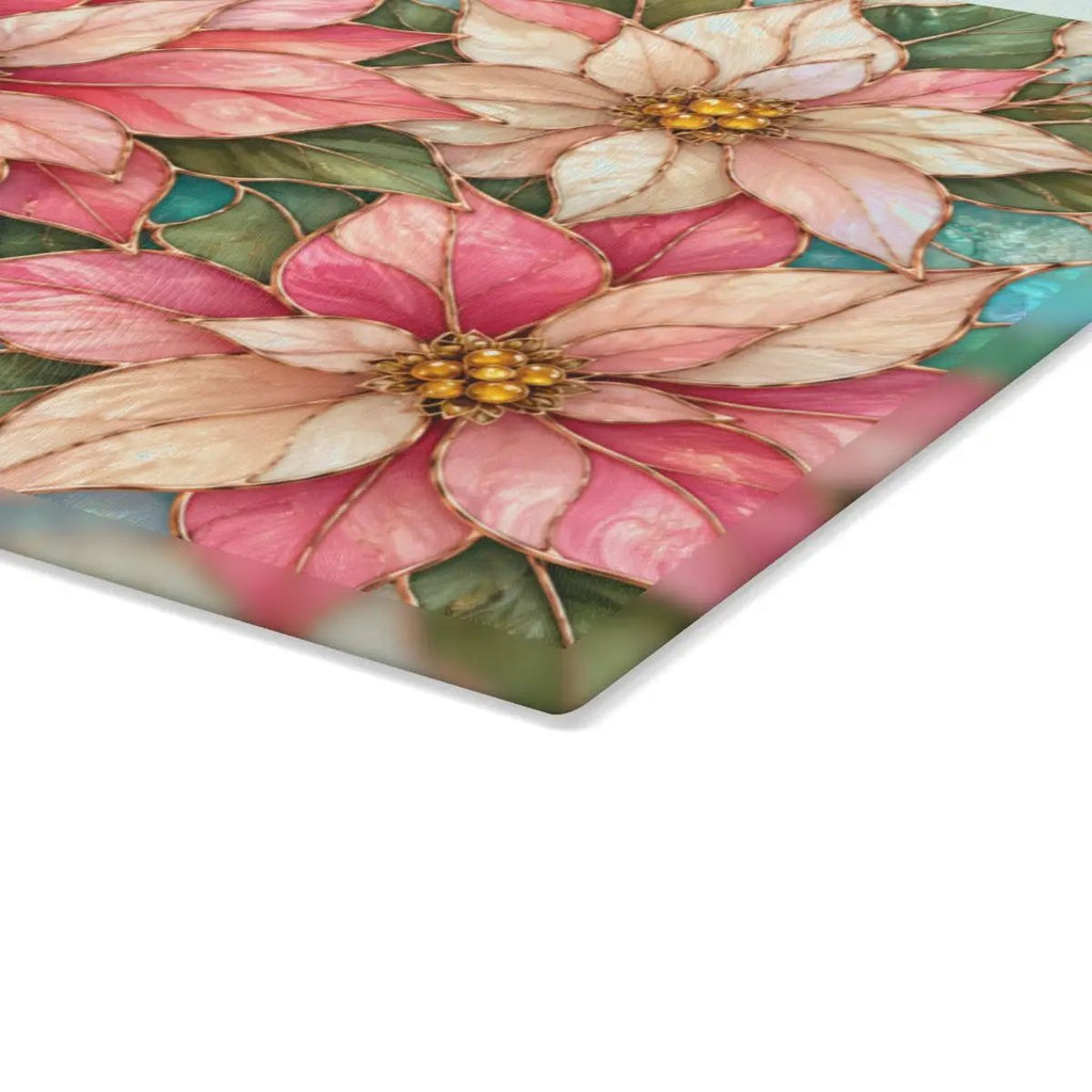 Pink Poinsettia Glass Cutting Board, Christmas Floral Kitchen Decor, Tempered Chopping Board, Holiday Hostess Gift, Serving Board for Home