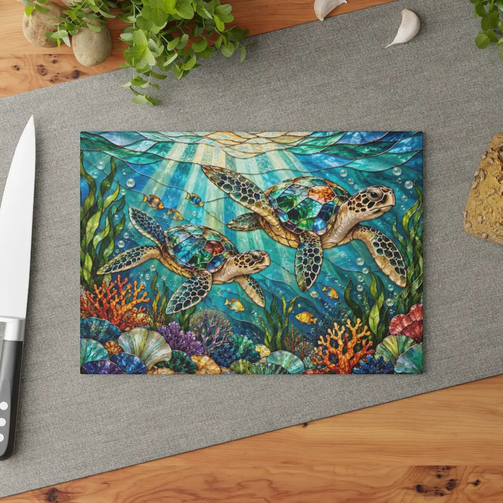 Sea Turtle Glass Cutting Board, Ocean Kitchen Decor, Coastal Chopping Board, Underwater Sea Life Gift, Marine Turtle Kitchen Art Piece