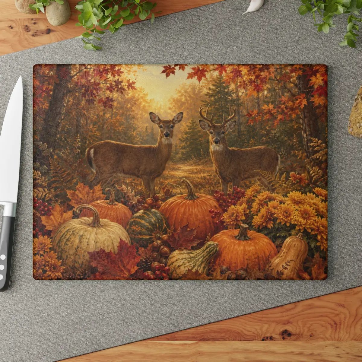 Deer Fall Glass Cutting Board, Rustic Woodland Kitchen Decor, Autumn Pumpkin Cutting Board, Hunter Cabin Gift