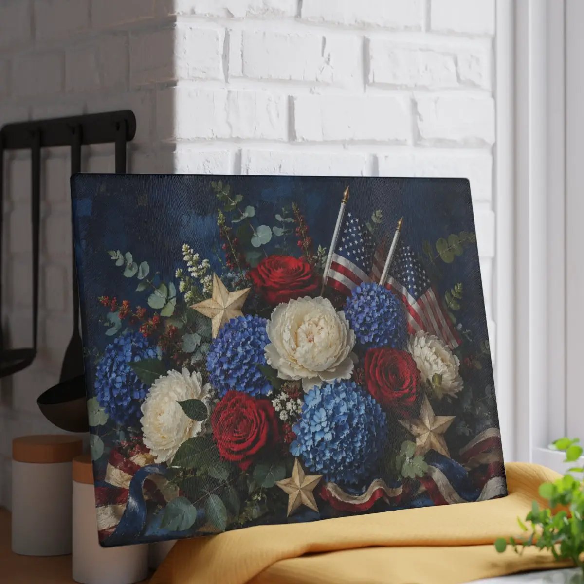 Patriotic Floral Cutting Board, American Flag Glass Cutting Board, Red White Blue Kitchen Decor, Americana Gift, 4th of July Decor