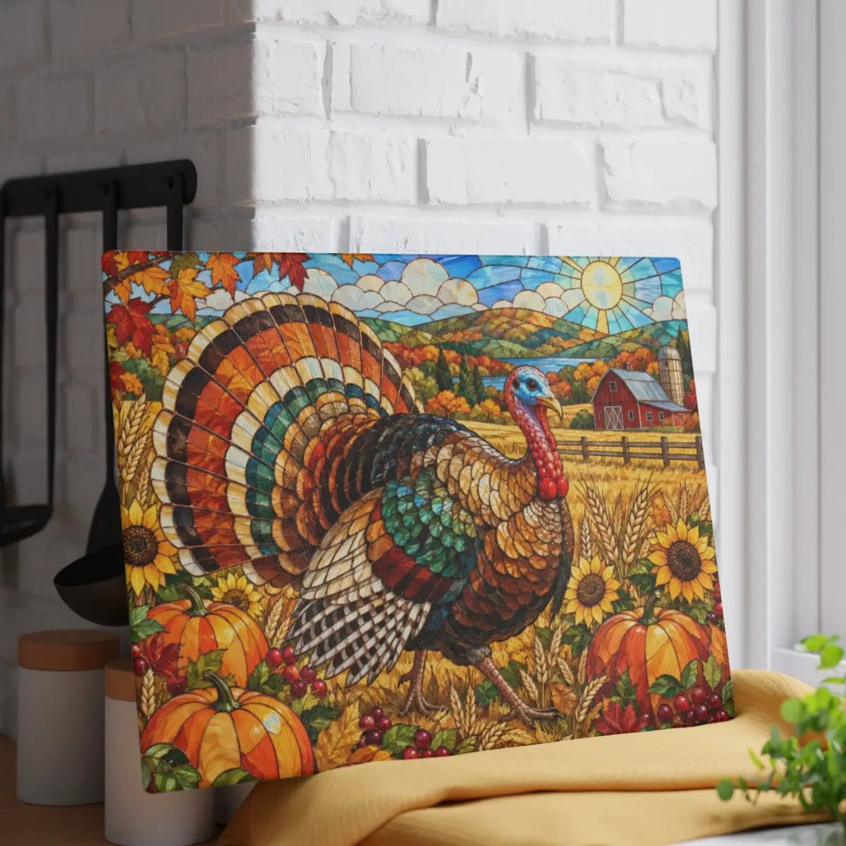 Thanksgiving Turkey Glass Cutting Board, Farmhouse Fall Kitchen Decor, Harvest Turkey Chopping Board, Autumn Hostess Gift