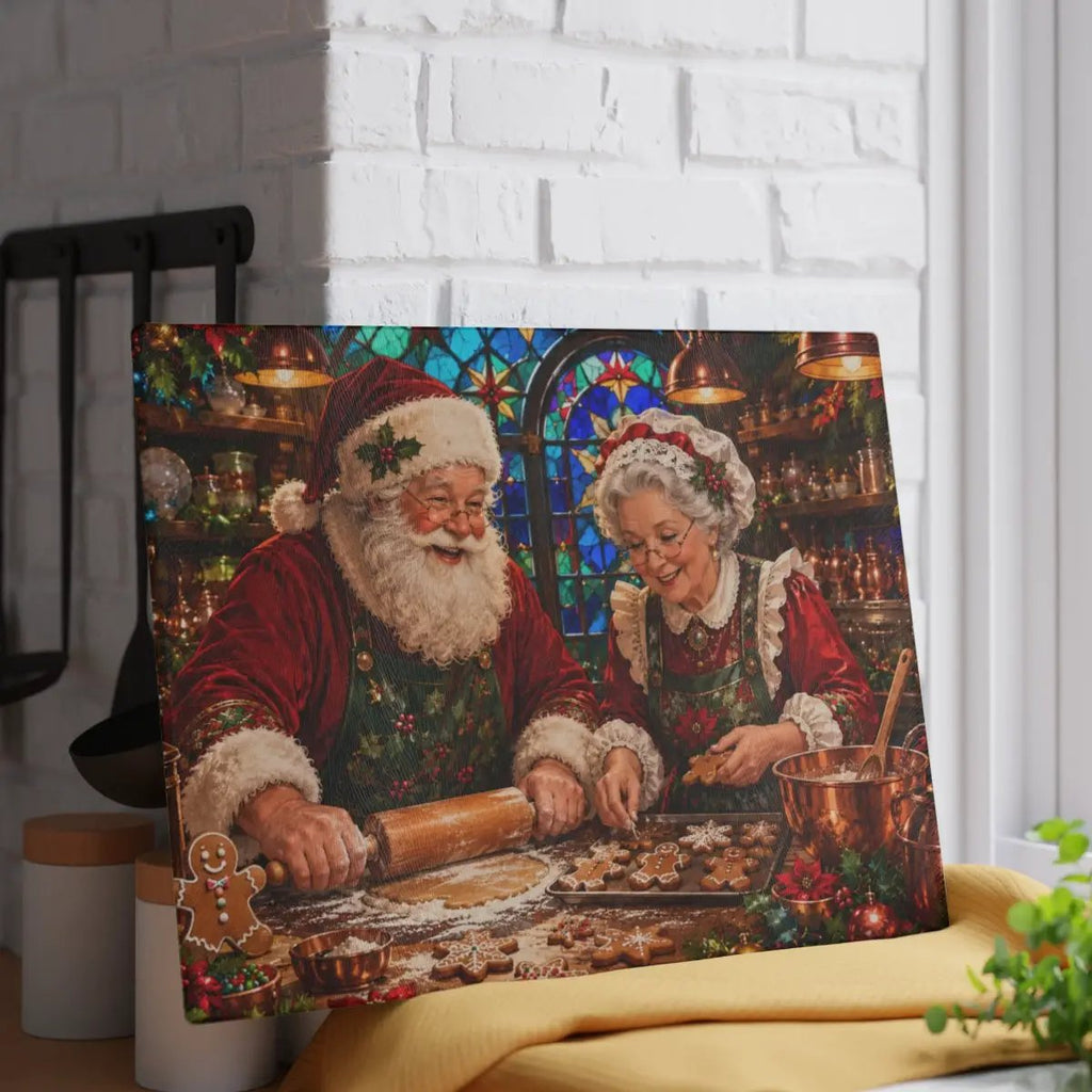 Santa and Mrs Claus Glass Cutting Board, Christmas Baking Decor, Gingerbread Kitchen Decor, Stained Glass Christmas Gift, Holiday Board