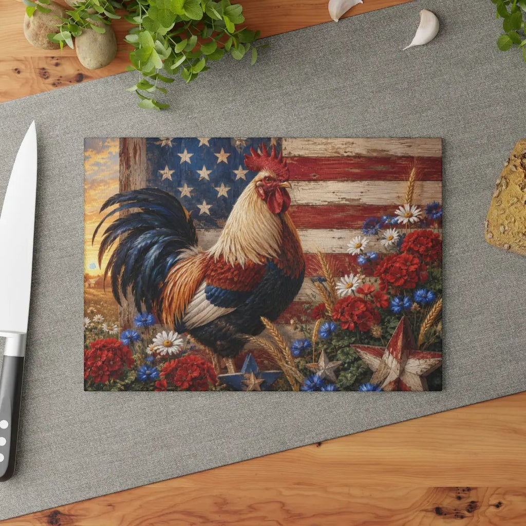 Patriotic Rooster Cutting Board, American Flag Glass Cutting Board, Farmhouse Kitchen Decor, Americana Rooster Gift, Country Kitchen