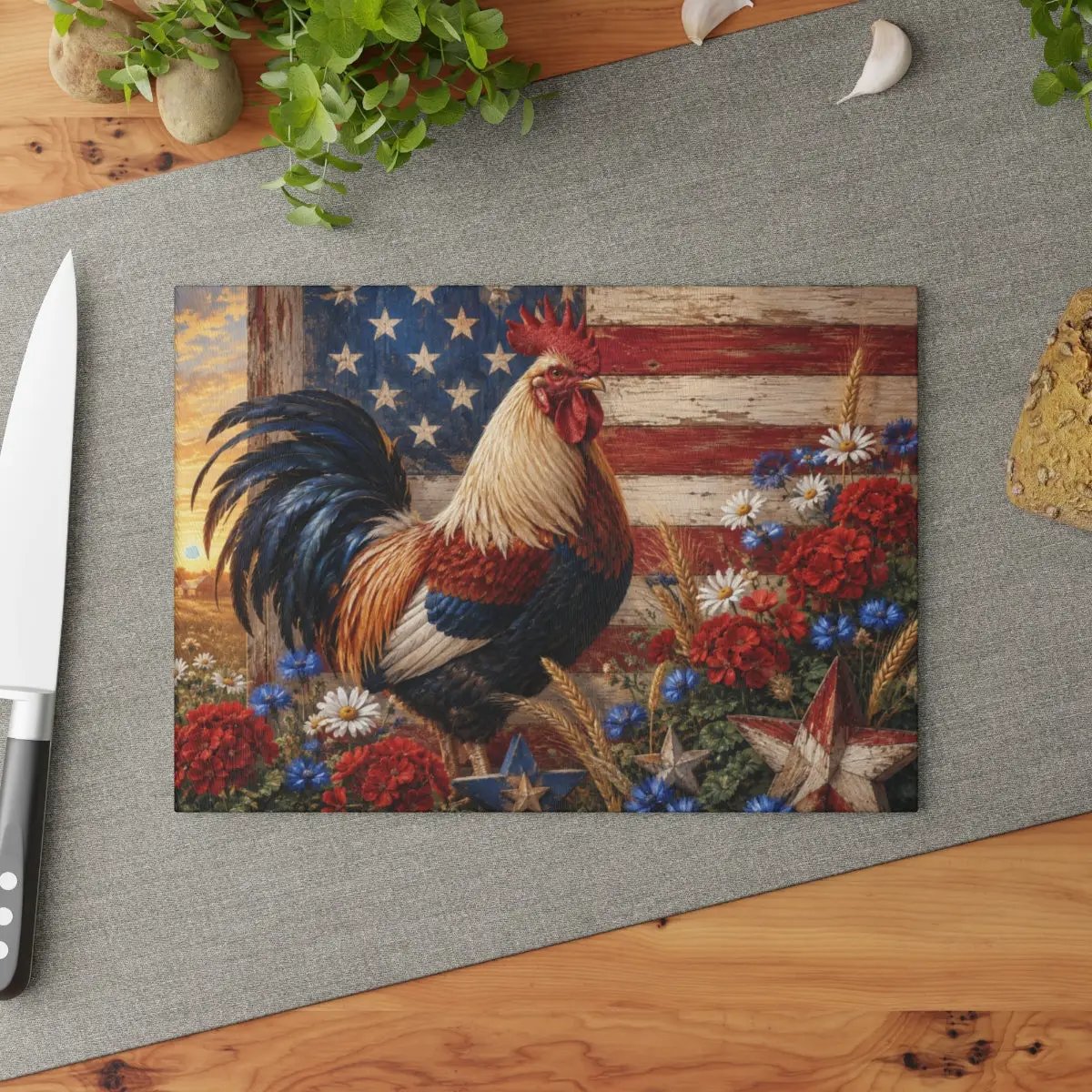 Patriotic Rooster Cutting Board, American Flag Glass Cutting Board, Farmhouse Kitchen Decor, Americana Rooster Gift, Country Kitchen