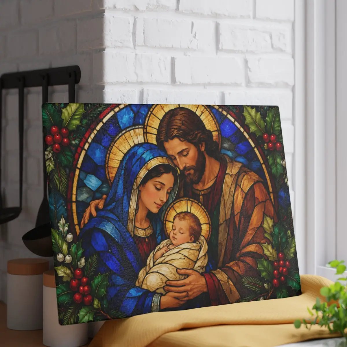 Holy Family Glass Cutting Board, Christian Christmas Gift, Nativity Kitchen Decor, Mary Joseph Baby Jesus, Religious Christmas Decor
