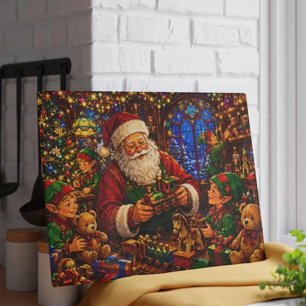 Santa Workshop Glass Cutting Board, Christmas Kitchen Decor, Santa and Elves Stained Glass Art, Holiday Serving Board, Christmas Gift