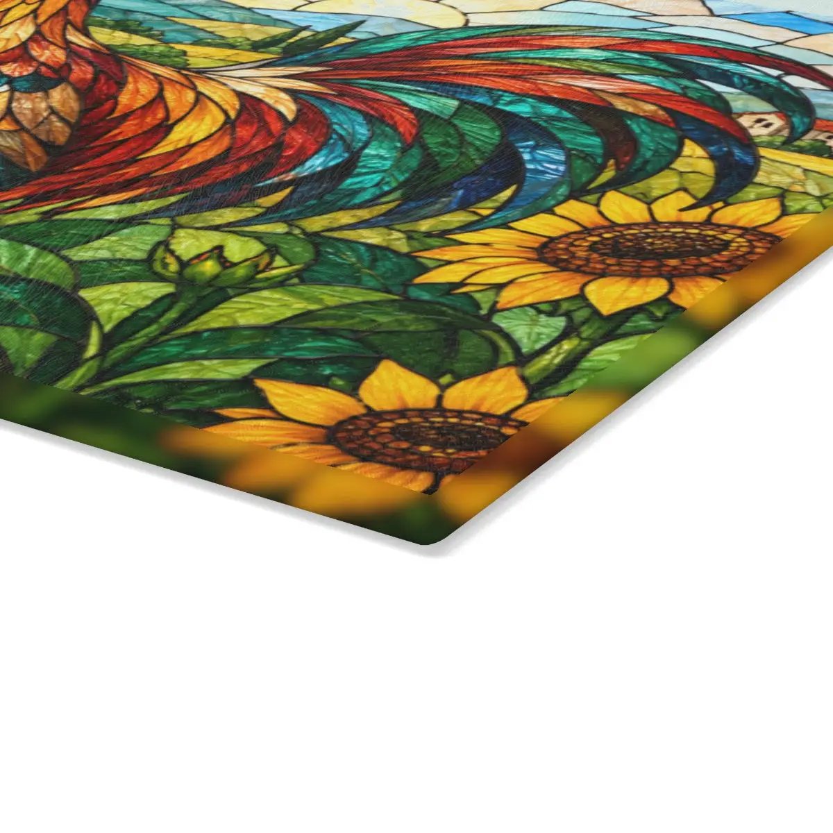Rooster Glass Cutting Board, Sunflower Kitchen Decor, Colorful Farmhouse Rooster Art, Country Kitchen Gift, Stained Glass Farm Decor