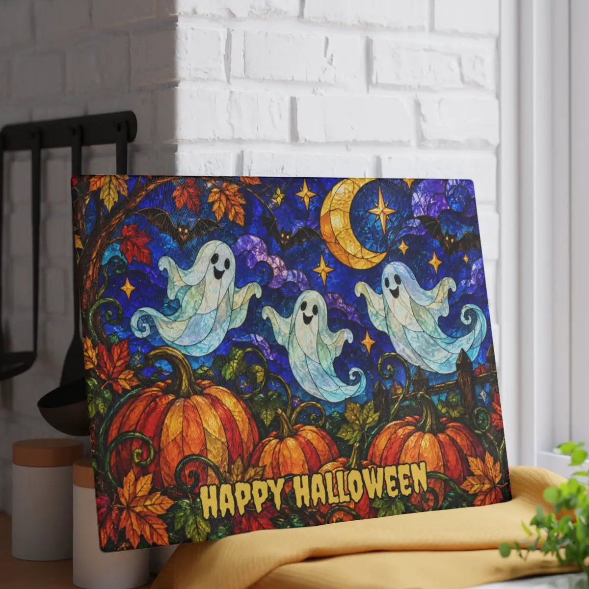 Halloween Ghosts Personalized Glass Cutting Board, Spooky Pumpkin Kitchen Decor