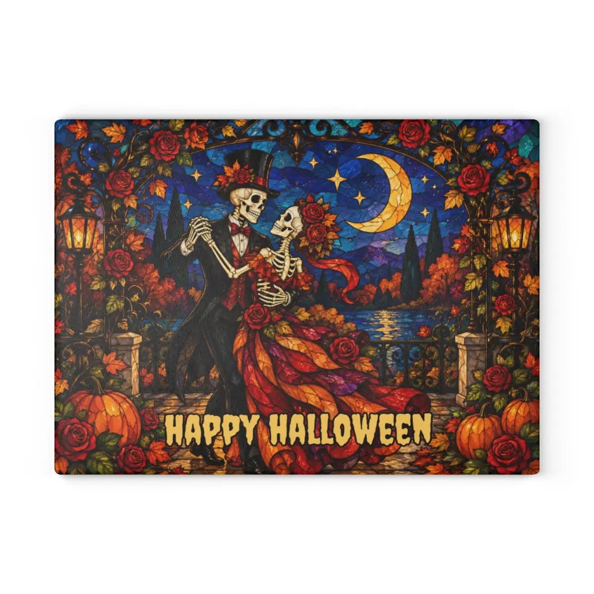 Halloween Skeleton Dancing Couple Personalized Glass Cutting Board, Gothic Romance Kitchen Decor