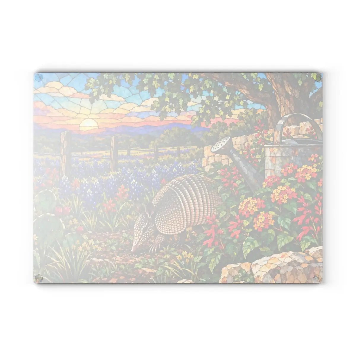 Texas Armadillo Glass Cutting Board, Bluebonnet Kitchen Decor, Stained Glass Style Texas Wildlife Gift, Country Garden Housewarming Gift