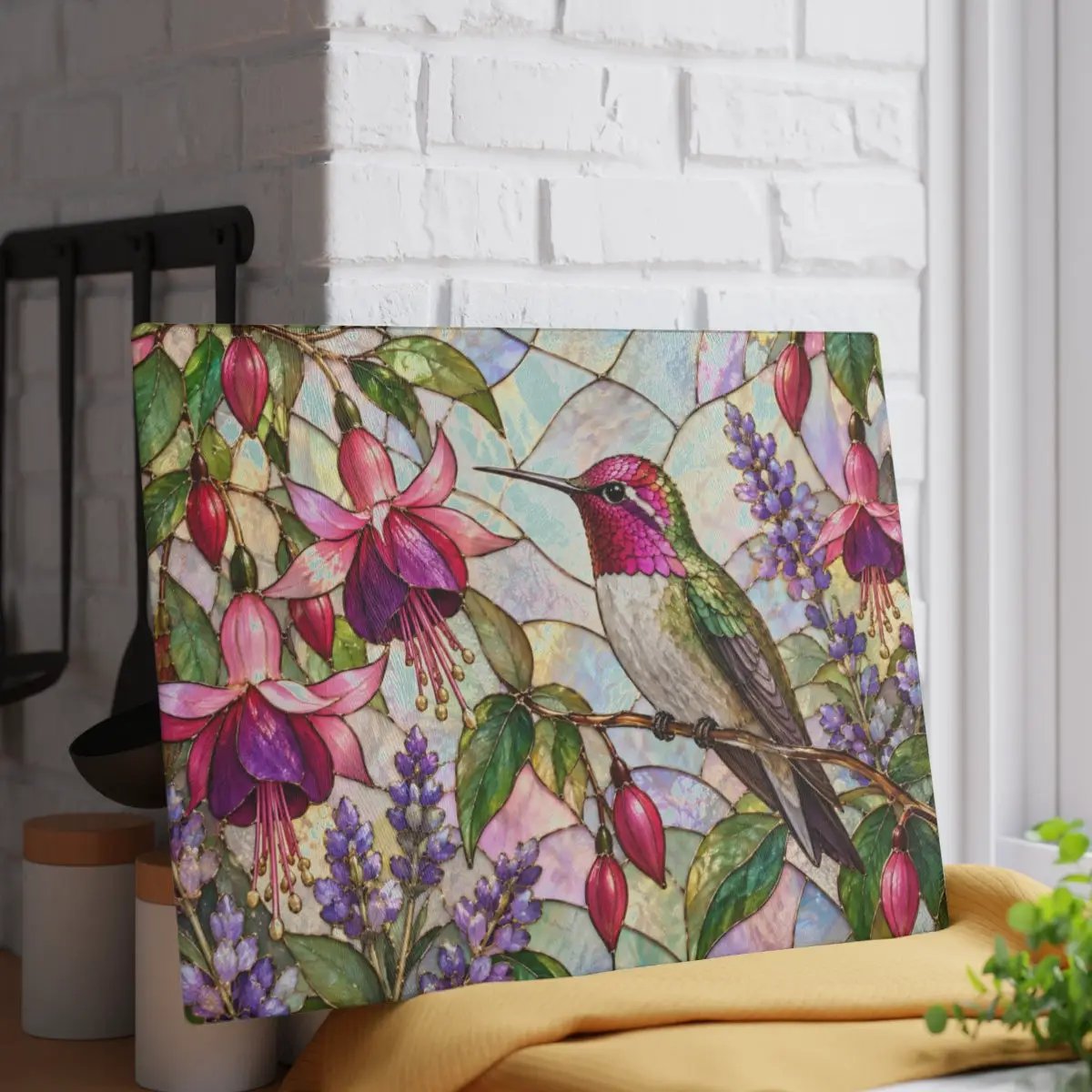 Hummingbird Cutting Board, Stained Glass Hummingbird Decor, Fuchsia Flower Kitchen Decor, Bird Lover Gift, Garden Lover Gift