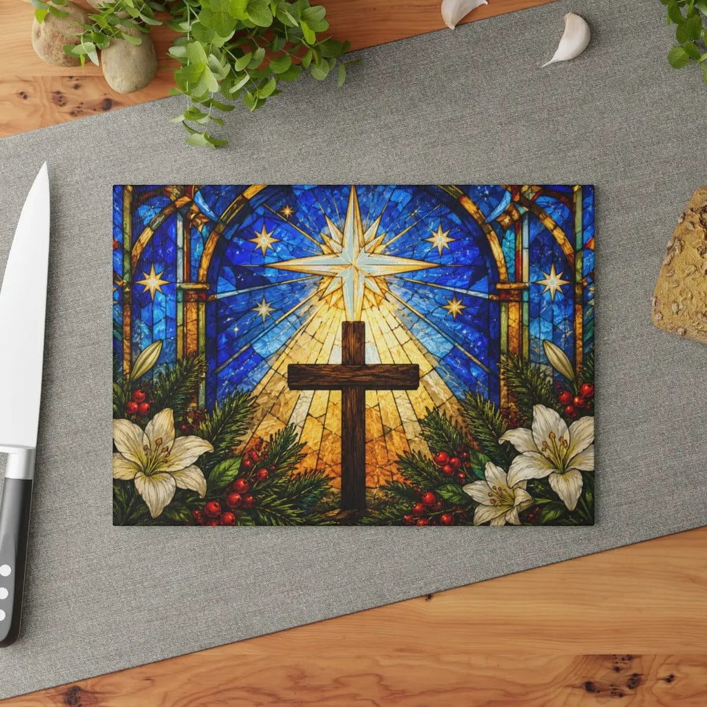 Christian Cross Glass Cutting Board, Stained Glass Christmas Decor, Religious Kitchen Gift, Star of Bethlehem Christian Gift