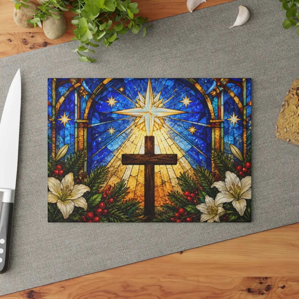 Christian Cross Glass Cutting Board, Stained Glass Christmas Decor, Religious Kitchen Gift, Star of Bethlehem Christian Gift