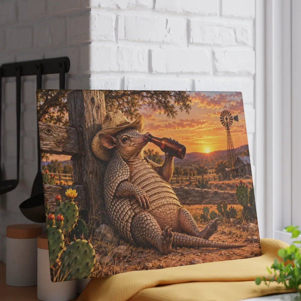 Funny Armadillo Glass Cutting Board, Texas Kitchen Decor, Cowboy Armadillo Gift, Western Kitchen Decor, Funny Texas Housewarming Gift