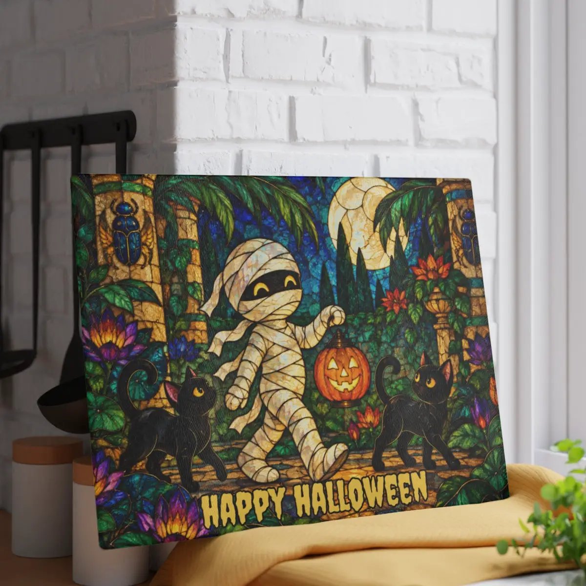 Halloween Mummy Personalized Glass Cutting Board, Spooky Kitchen Decor