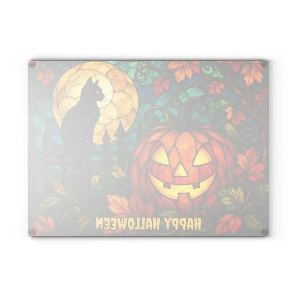 Halloween Black Cat and Jack-O-Lantern Personalized Glass Cutting Board, Spooky Pumpkin Kitchen Decor