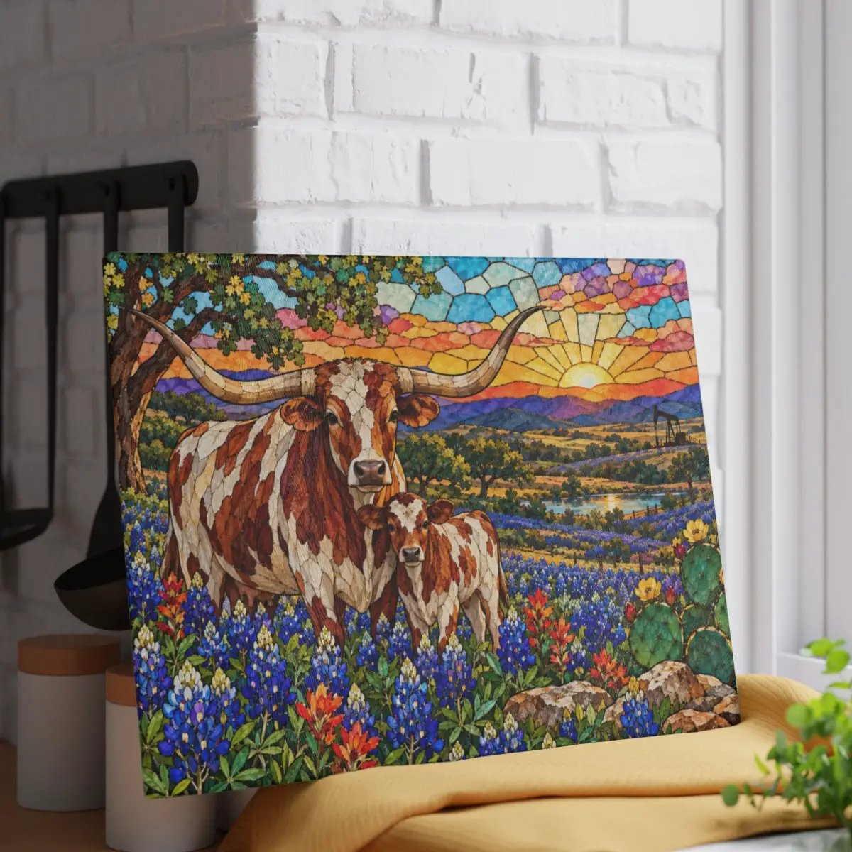 Texas Longhorn Glass Cutting Board, Cow and Calf Bluebonnet Kitchen Decor, Western Ranch Gift, Texas Kitchen Decor, Stained Glass Style