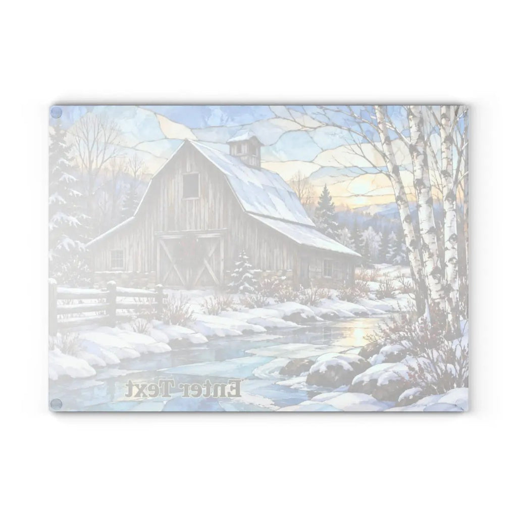 Country Winter Barn Glass Cutting Board, Snowy Farmhouse Kitchen Decor, Rustic Christmas Gift, Winter Barn Kitchen Board