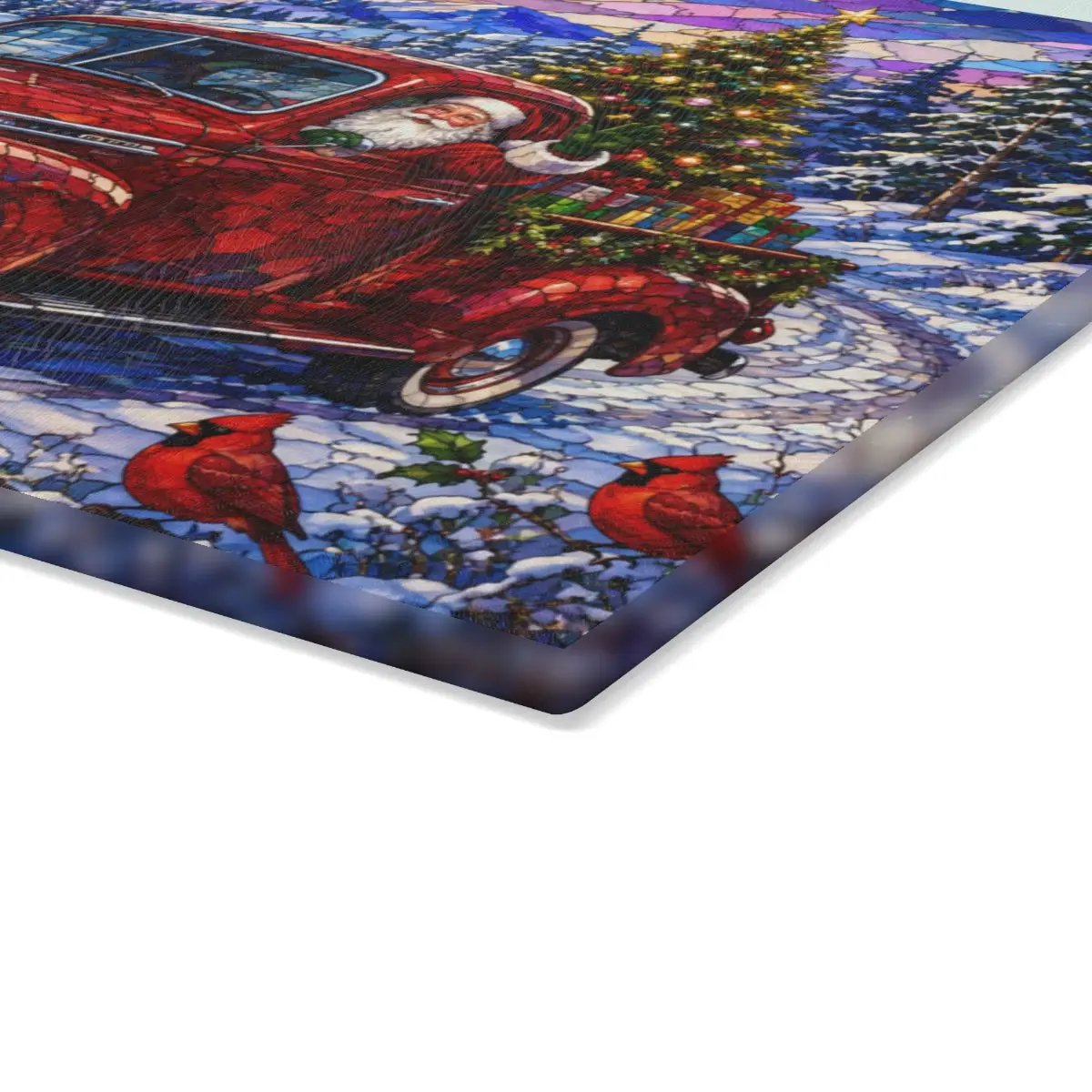Santa Vintage Truck Glass Cutting Board, Christmas Farmhouse Kitchen Decor, Stained Glass Santa Claus, Red Pickup Holiday Gift