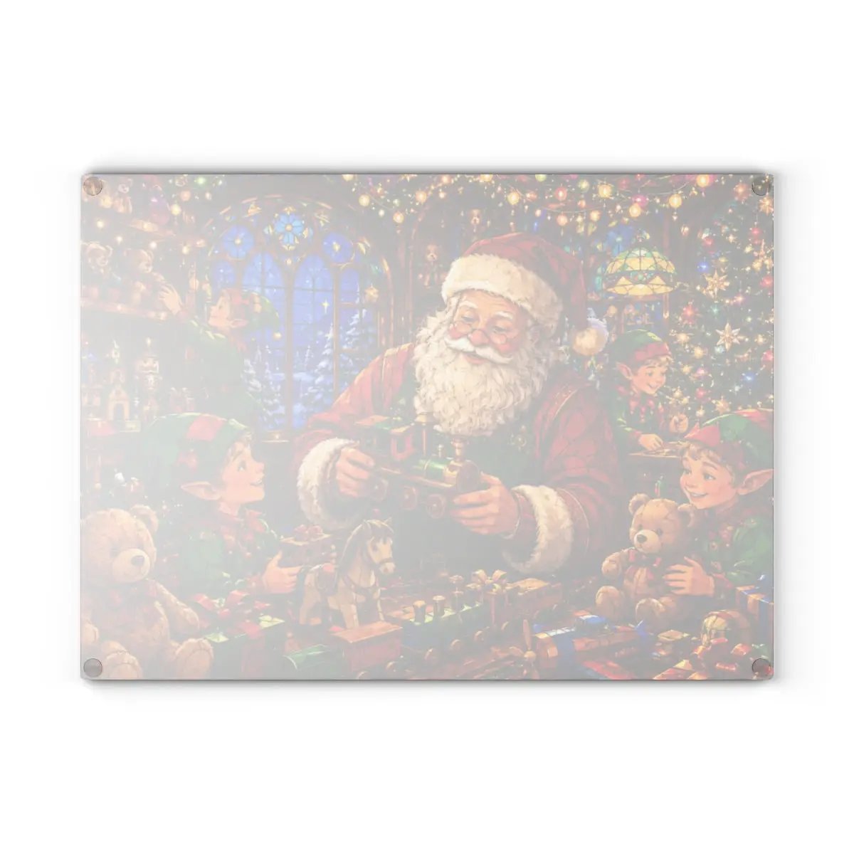 Santa Workshop Glass Cutting Board, Christmas Kitchen Decor, Santa and Elves Stained Glass Art, Holiday Serving Board, Christmas Gift