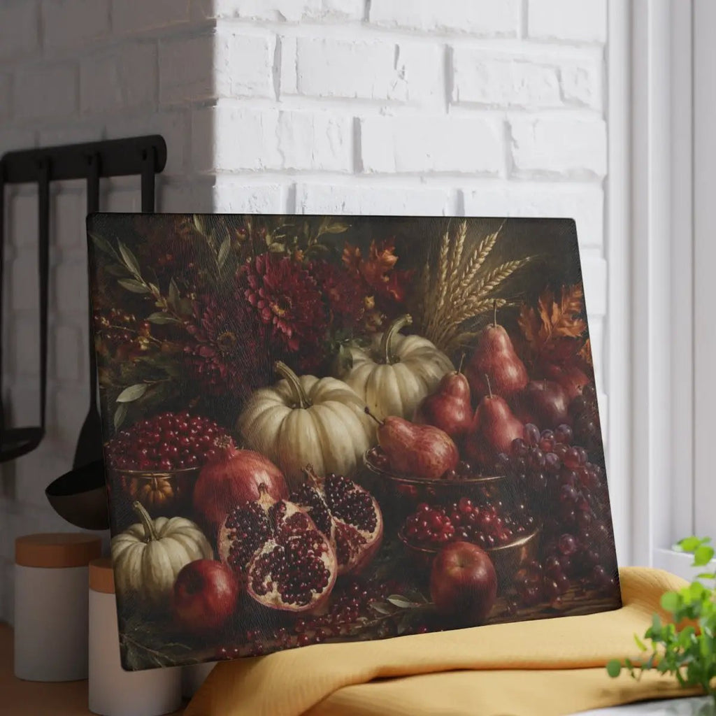 Pomegranate Glass Cutting Board, White Pumpkin Fall Kitchen Decor, Elegant Autumn Cutting Board, Harvest Kitchen Gift