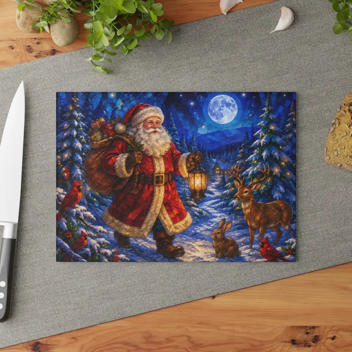 Santa Christmas Glass Cutting Board, Woodland Santa Kitchen Decor, Stained Glass Christmas Art, Cardinal Deer Holiday Gift