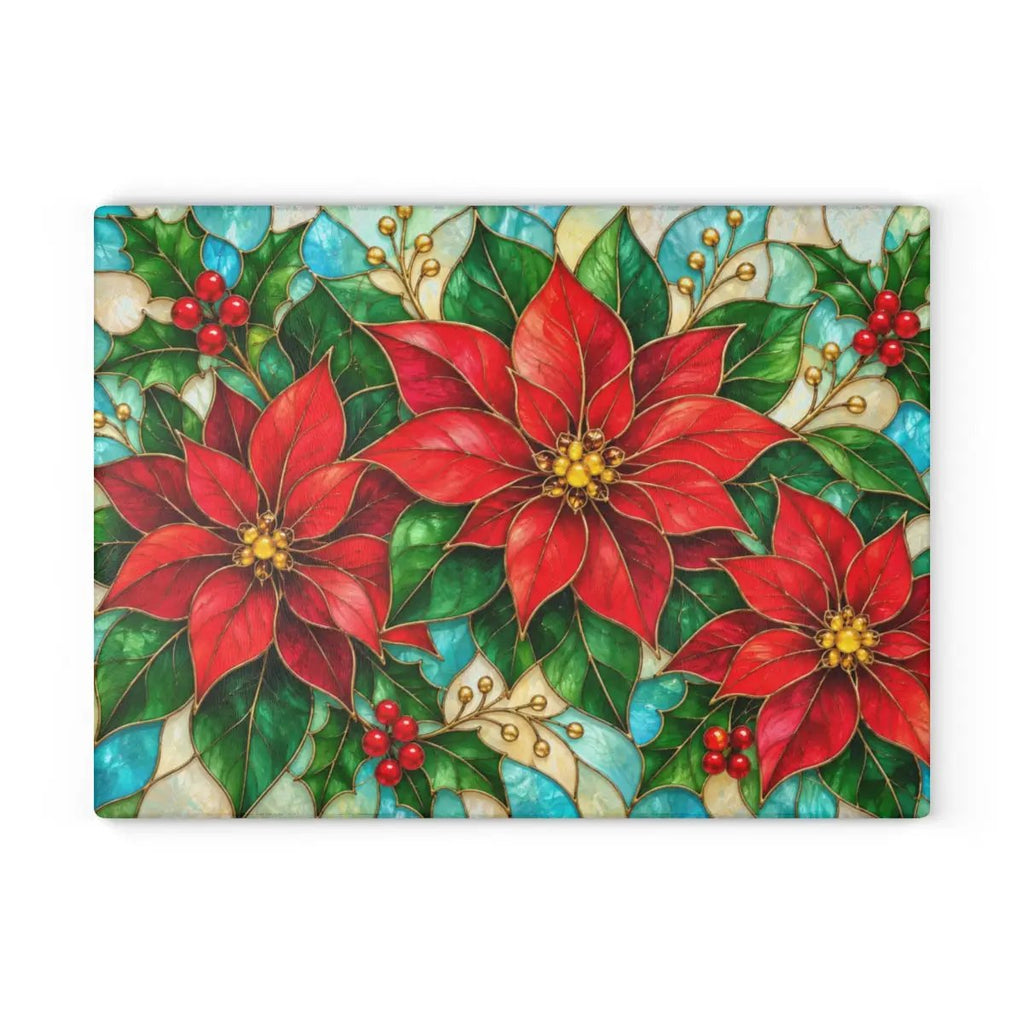 Christmas Poinsettia Glass Cutting Board, Holiday Holly Berry Kitchen Decor, Festive Red Floral Chopping Board, Seasonal Gift Idea